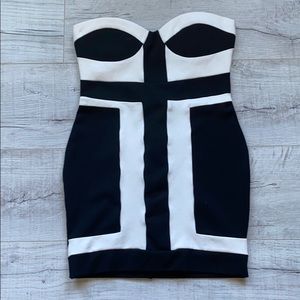 Black and white mini strapless dress